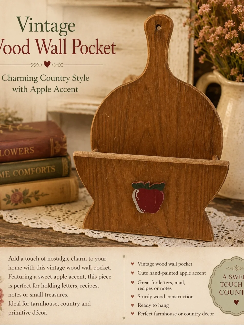 Vintage Wood Wall Pocket with Red Apple Accent - Brand